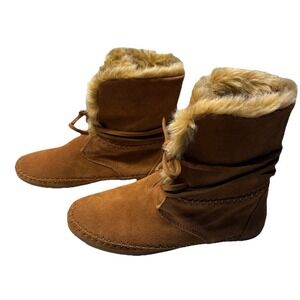 New TOMS Zahara Free Spirit Chestnut Suede Moccasin Bootie Wrap Tie Boot Size 7